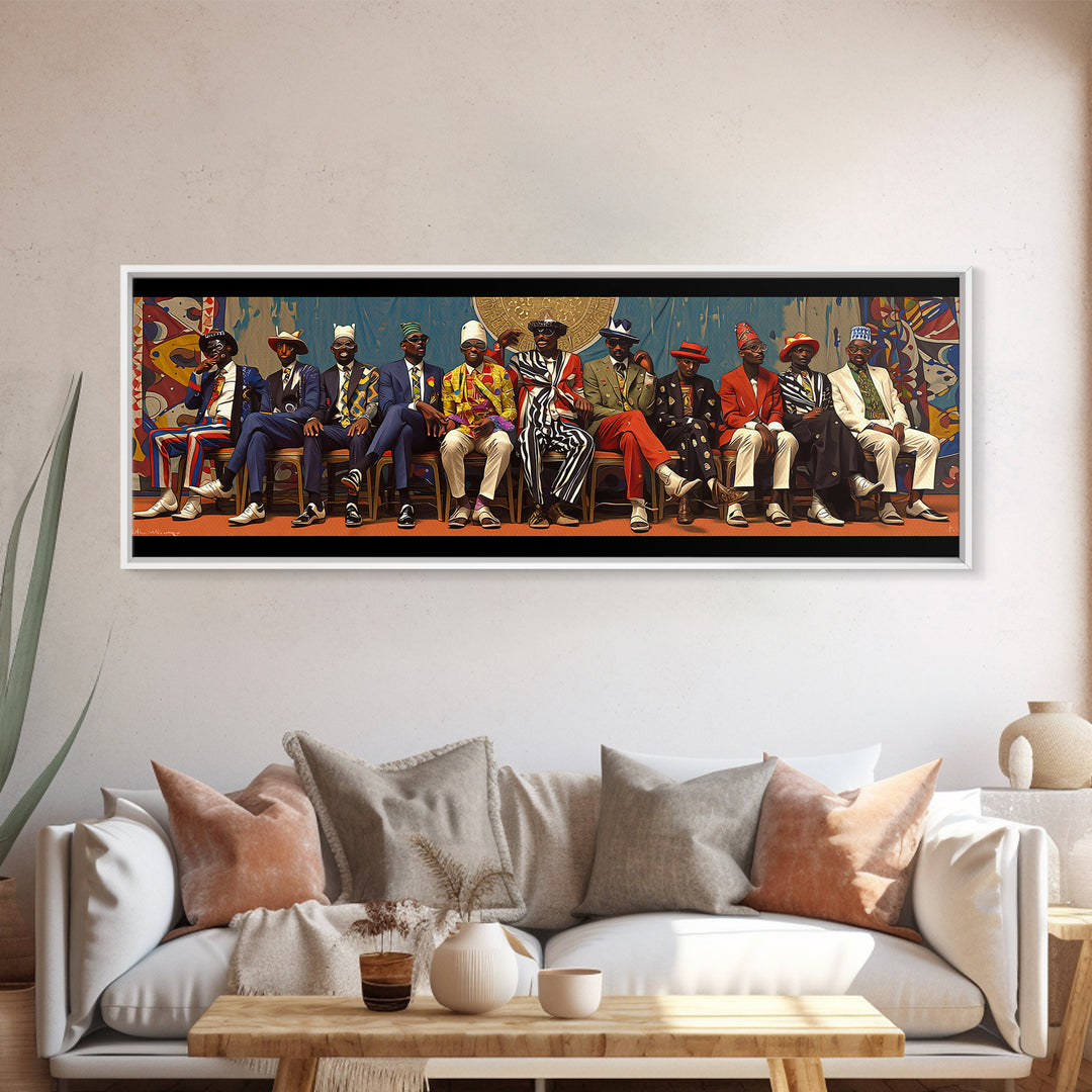 Seated African Dandy Chiefs In Colorful Suits Framed Canvas Print, Afrocentric Wall Decor, Black Culture Statement Art Gift