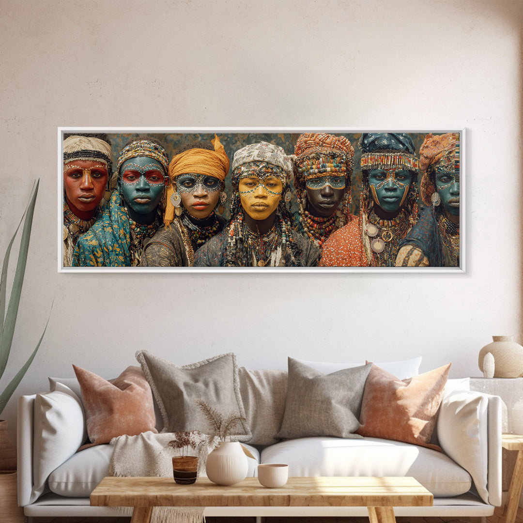 Beaded African Women With Painted Faces Canvas Print, Tribal Queen Portrait Wall Art, Afrocentric Cultural Home Decor Gift