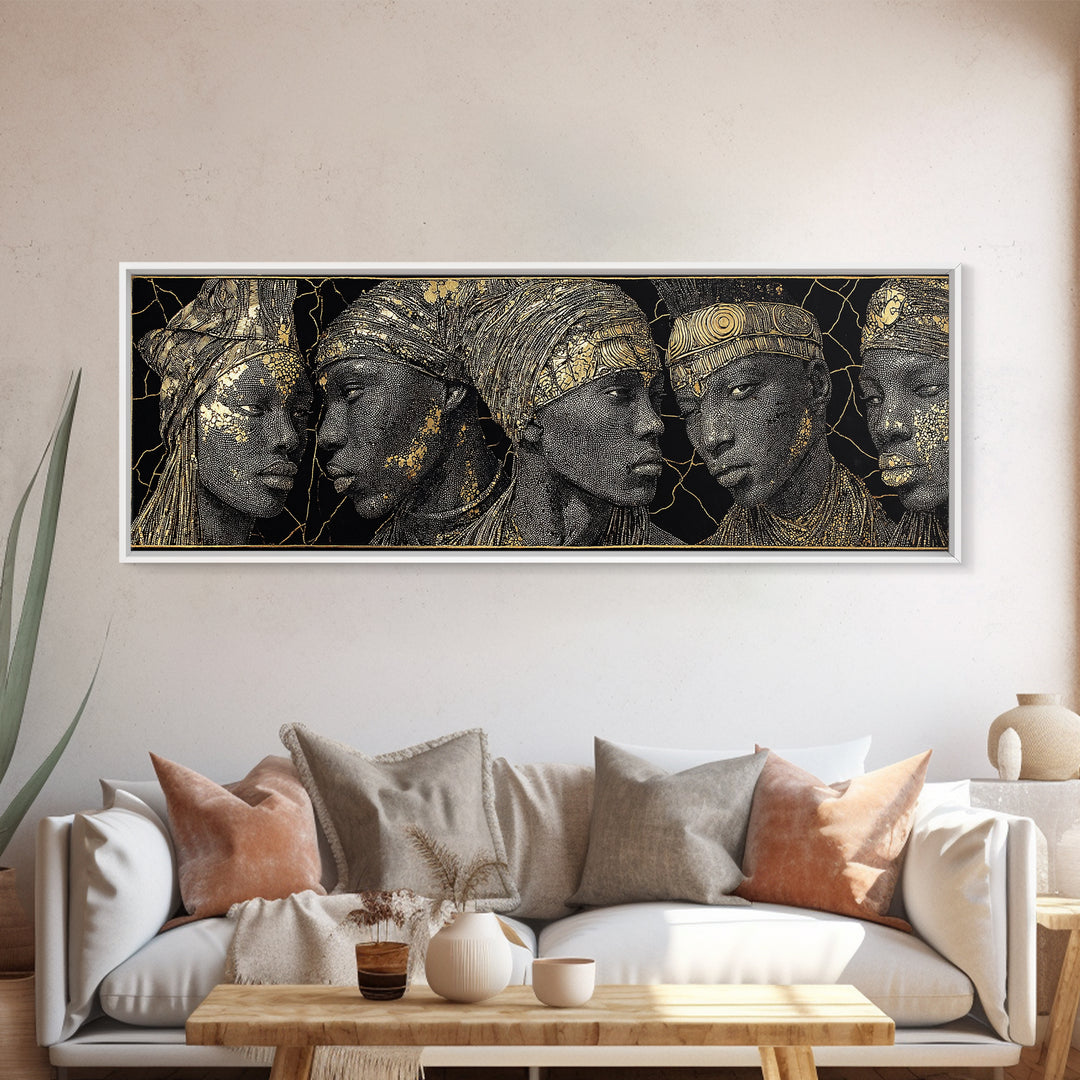 Gold Etched African Elder Profiles On Black Canvas Print, Elegant Tribal Portrait Wall Art, Luxury Afrocentric Home Decor
