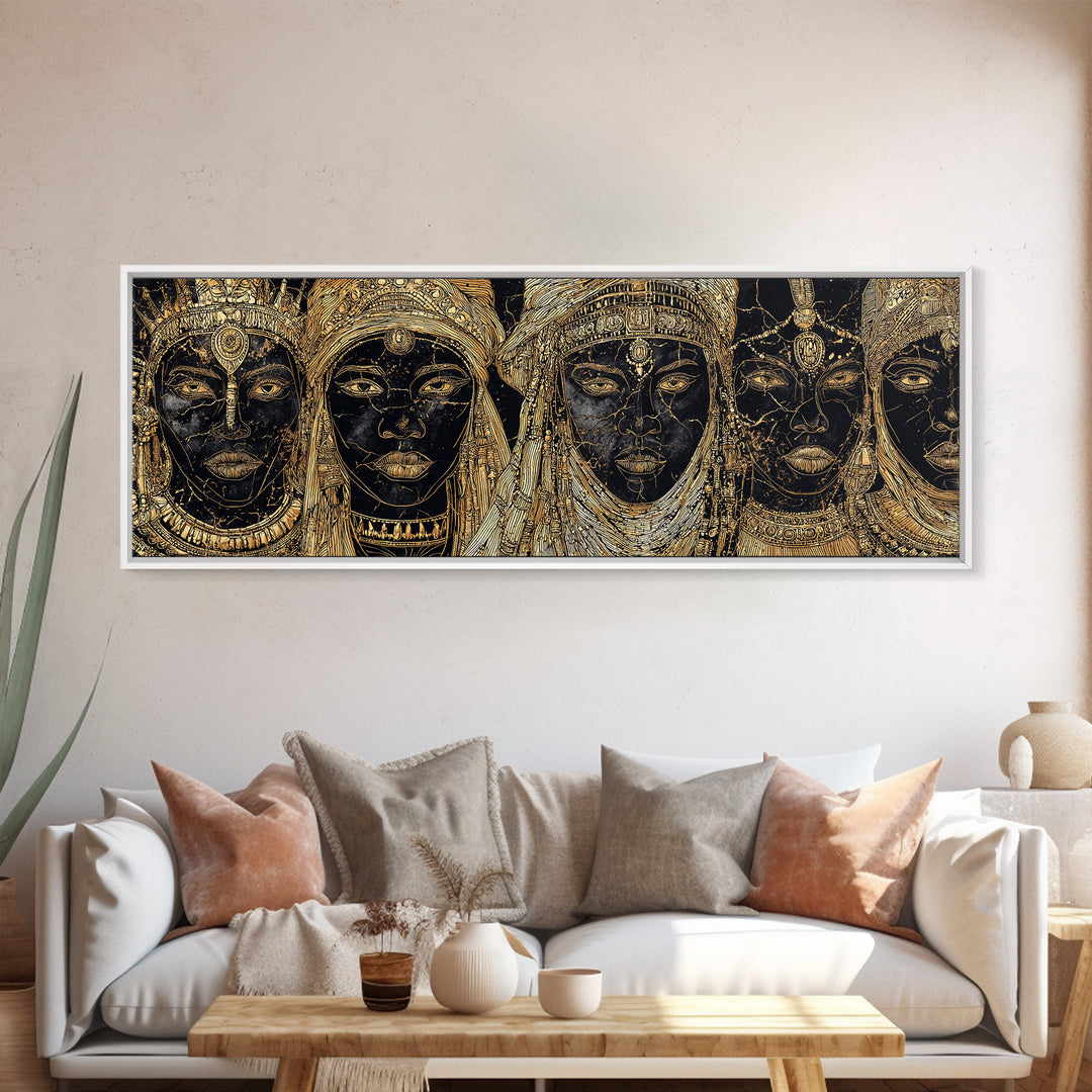 Regal Black And Gold African Queen Faces Framed Canvas Print, Goddess Portrait Wall Art, Luxury Afrocentric Home Decor Gift