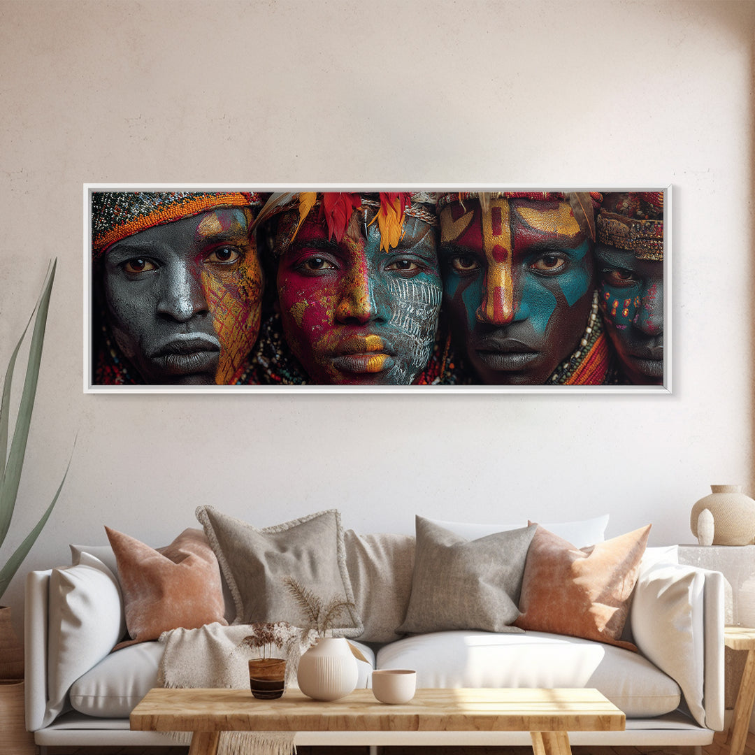 Intense Tribal Painted Faces With Feathers Wall Art, African Warrior Portrait Canvas Print, Bold Afrocentric Home Decor Gift