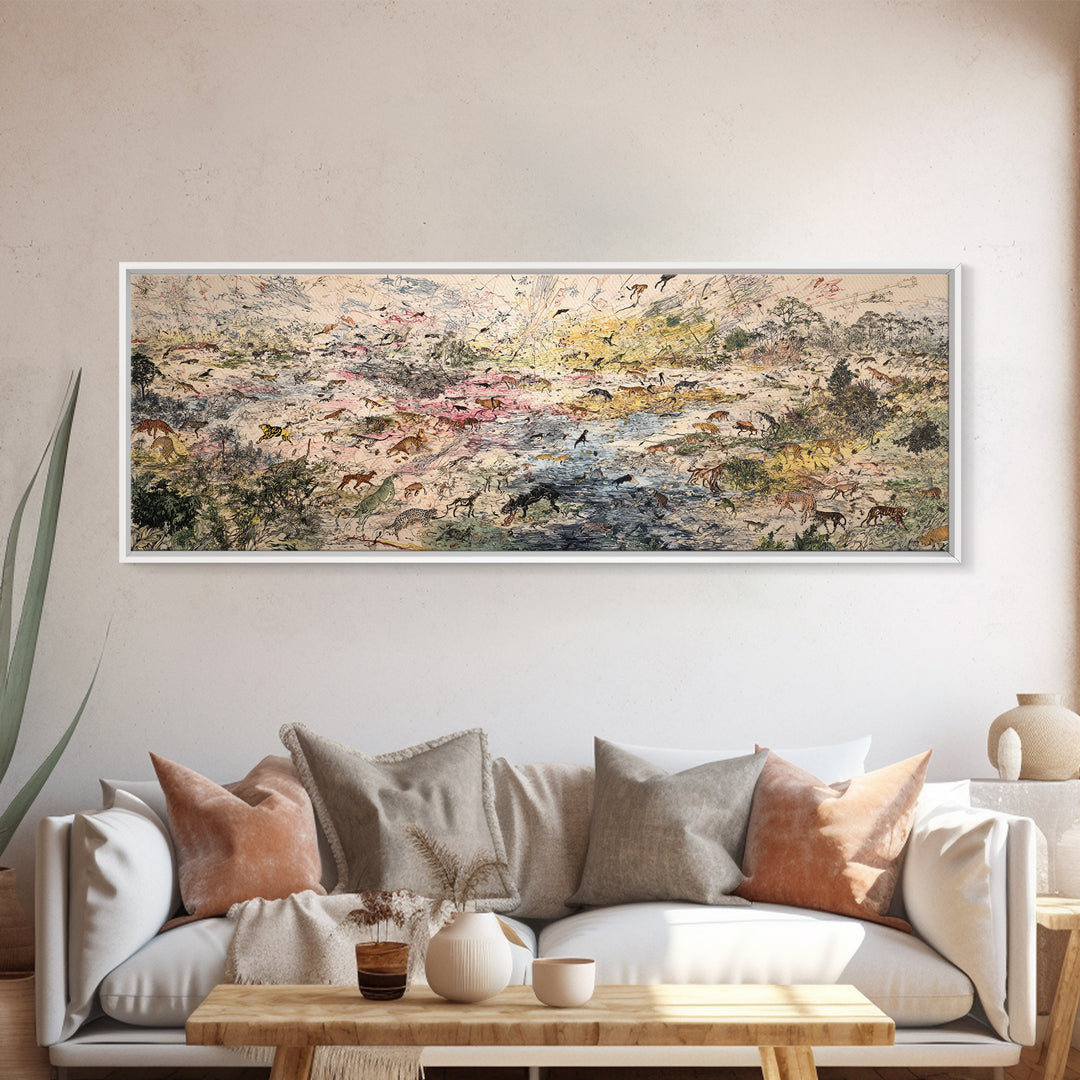 Abstract African Safari Landscape Canvas Print, Earth Tone Wildlife Migration Scene, Modern Home Decor For Living Room Wall