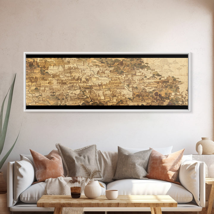 Sepia African Coastal Town Canvas Print, Historic Architecture Map Style, Neutral Cultural Wall Art For Office And Home Decor