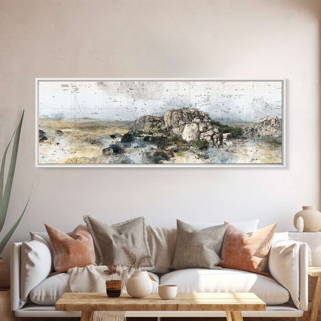 Rocky African Desert Landscape Wall Art, Vintage Map Texture, Neutral Safari Nature Scene, Modern Canvas Print For Office