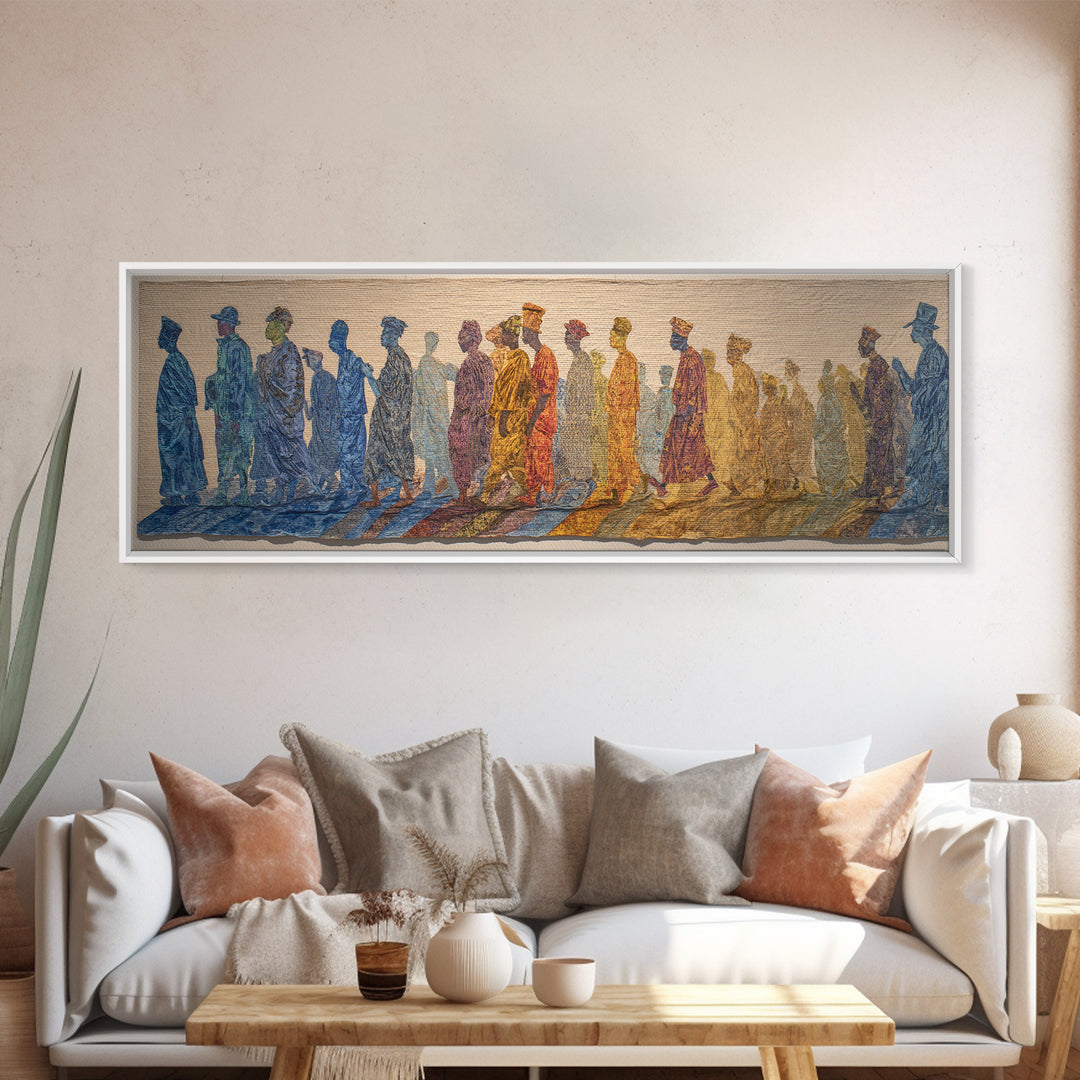 Walking African Silhouettes On Textile Wall Art, Mud Cloth Inspired Decor, Colorful Tribal Figures, Boho Cultural Print Gift