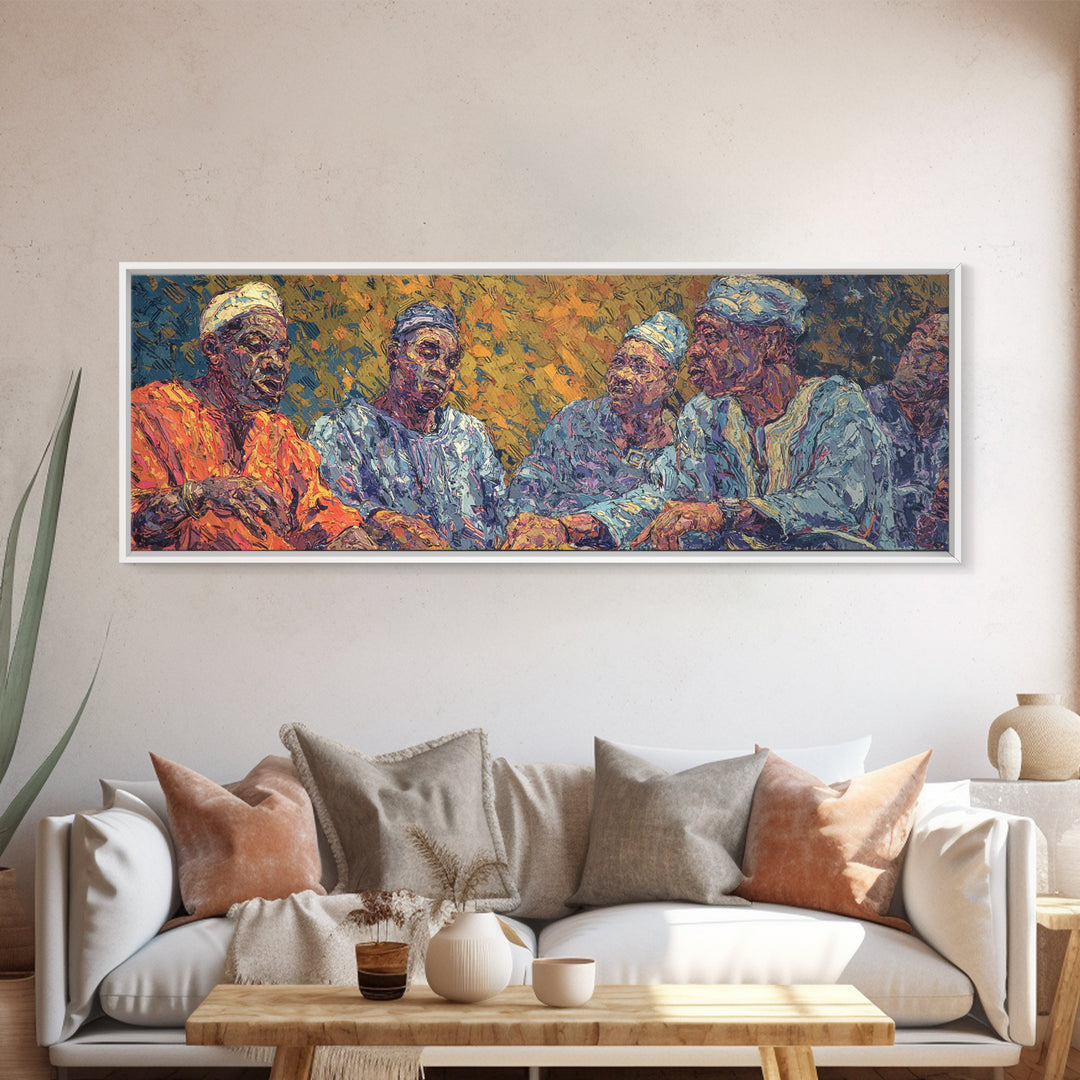 Elder African Men In Blue Robes Framed Canvas Print, Expressive Portrait Wall Decor, Cultural Painting, Afrocentric Art Gift