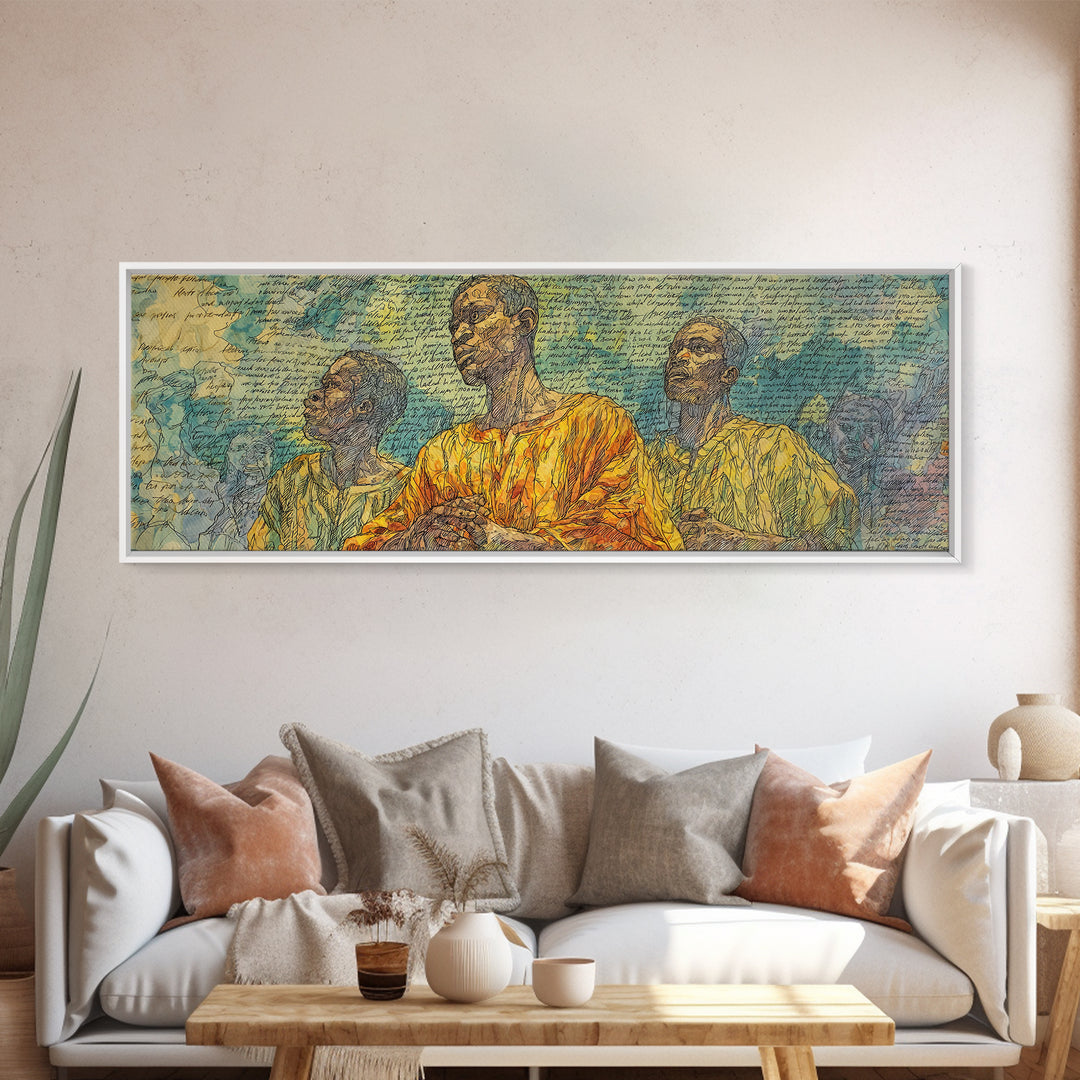 Three African Men Portrait Wall Art, Handwritten Script Texture, Yellow Blue Cultural Decor, Modern Afrocentric Canvas Print