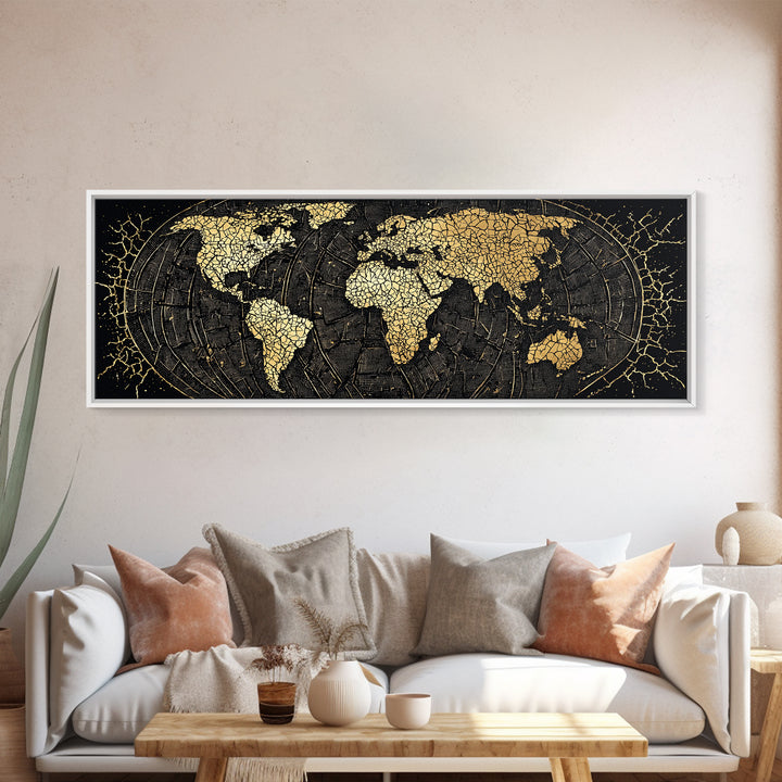 Gold Cracked World Map On Black Canvas Print, African Travel Wall Art, Luxury Home Decor, Modern Office Decor, Gift For Him