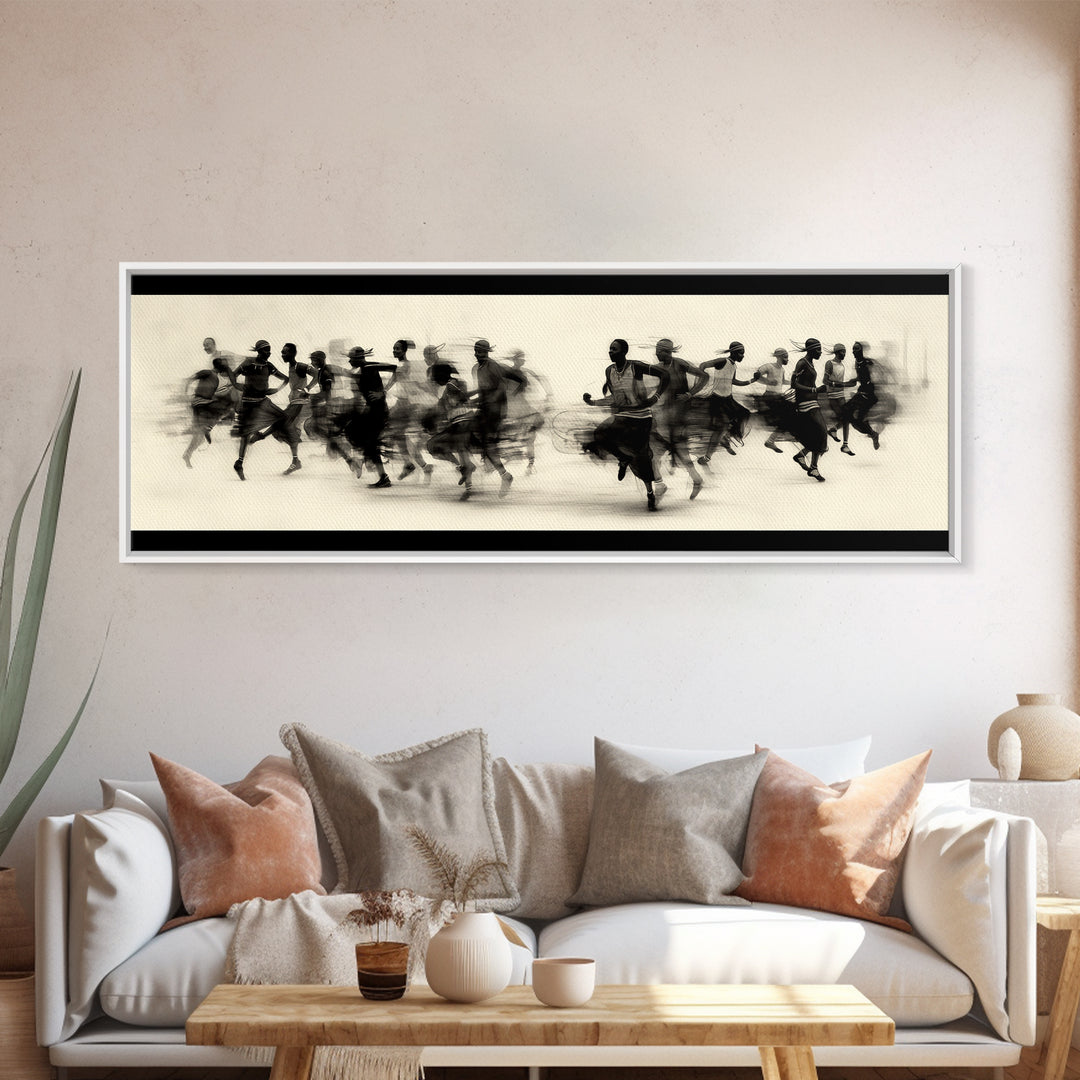 Panoramic Black Runners In Motion Wall Art, African Dance Art Print, Minimalist Charcoal Canvas Print, Modern Home Decor