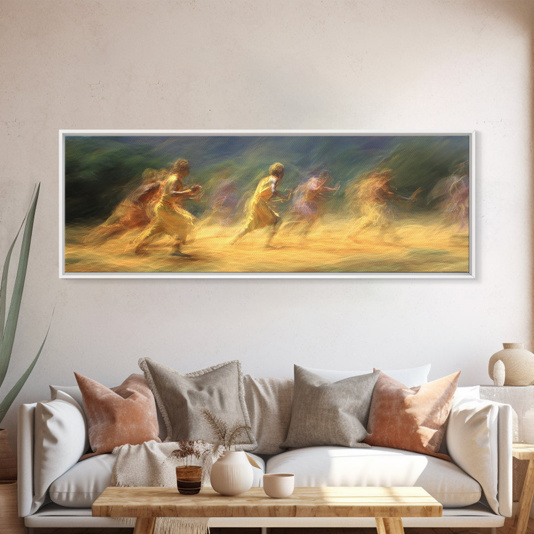 Sunlit Impressionist Runners Across Landscape Wall Art, African Inspired Canvas Print, Dreamy Nature Scene Art, Large Decor Art