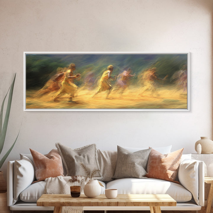 Sunlit Impressionist Runners Across Landscape Wall Art, African Inspired Canvas Print, Dreamy Nature Scene Art, Large Decor Art