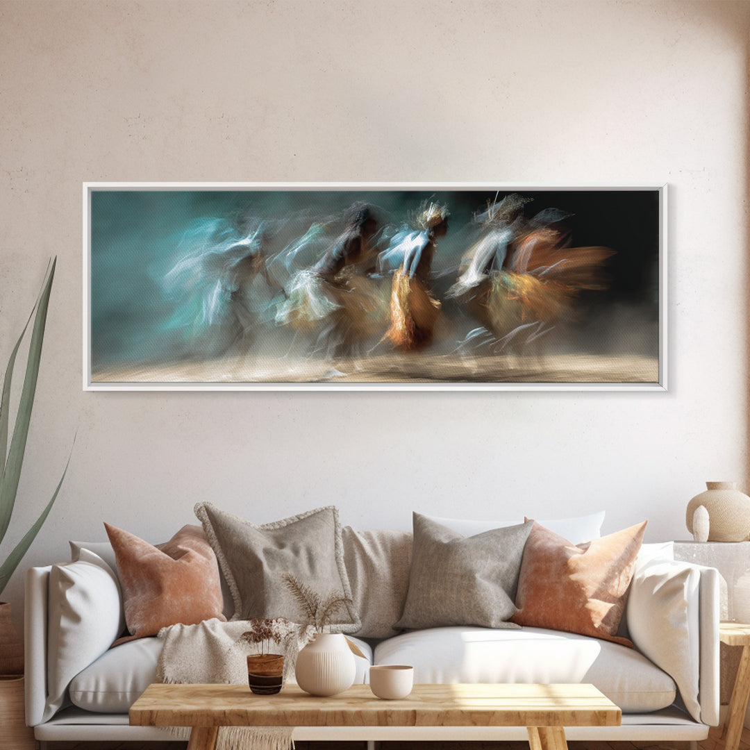 Blurred African Dancers In Blue And Amber Motion Wall Art, Afrocentric Canvas Decor, Cultural Dance Print, Living Room Art