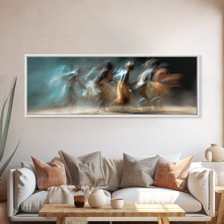 Blurred African Dancers In Blue And Amber Motion Wall Art, Afrocentric Canvas Decor, Cultural Dance Print, Living Room Art