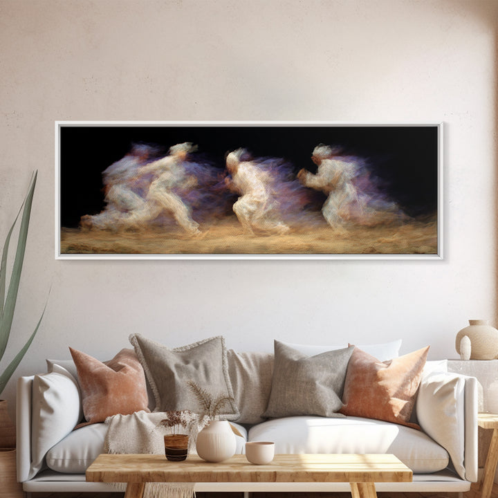 Ghostly African Runners In Sand And Violet Motion Canvas Print, Abstract Black Art, Athletic Dance Decor, Modern Wall Decor