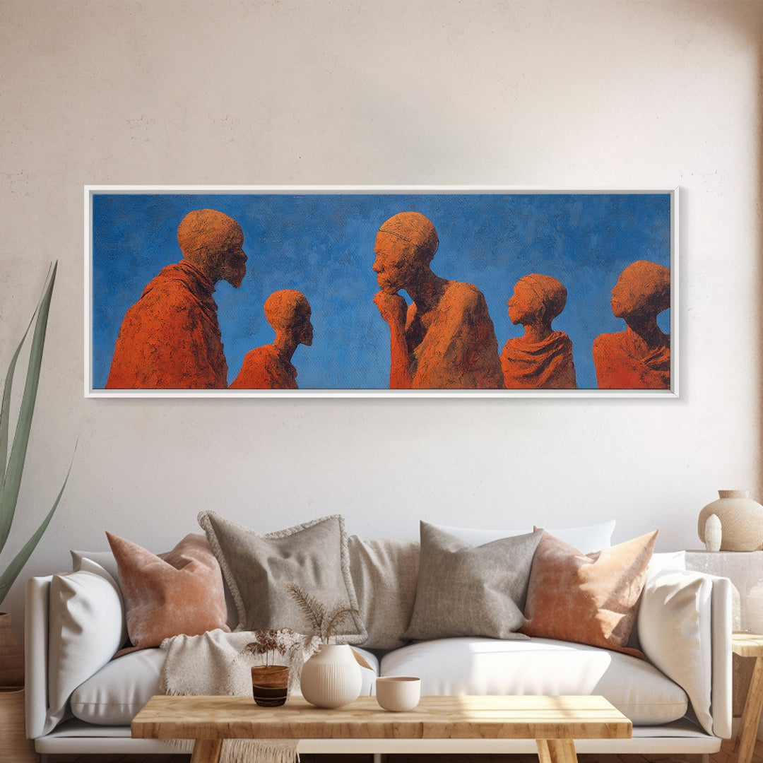 Terracotta African Figures Sharing Stories On Blue Wall Art, Tribal Family Decor, Cultural Portrait Print, Warm Minimalist Art
