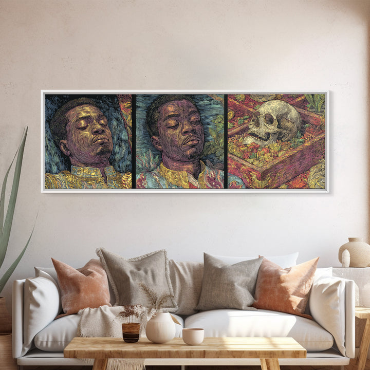 Triptych African Man Portrait With Skull Still Life Canvas Print, Contemporary Black Art, Cultural Wall Decor, Gallery Art
