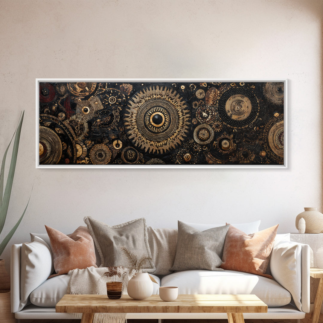 Ornate Black And Gold Mandala Gears Abstract Wall Art, Luxury Canvas Decor, Geometric Pattern Print, Elegant Home Decor Art