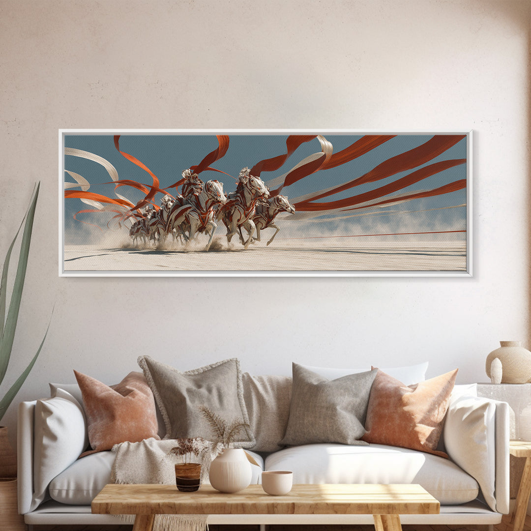 White Horses And Chariot Riders With Flowing Ribbons Wall Art, African Warrior Art, Equestrian Canvas Print, Statement Decor