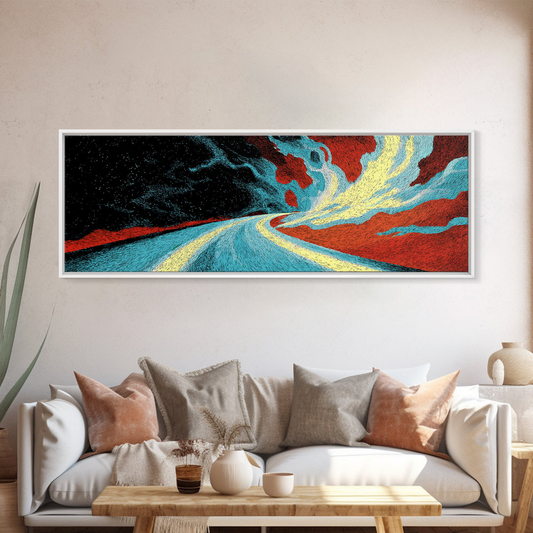 Electric Desert Highway Wall Art, Abstract Red Turquoise Road, Modern Canvas Decor, Large Statement Art For Living Room Decor