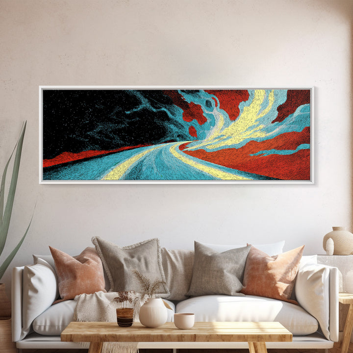 Electric Desert Highway Wall Art, Abstract Red Turquoise Road, Modern Canvas Decor, Large Statement Art For Living Room Decor