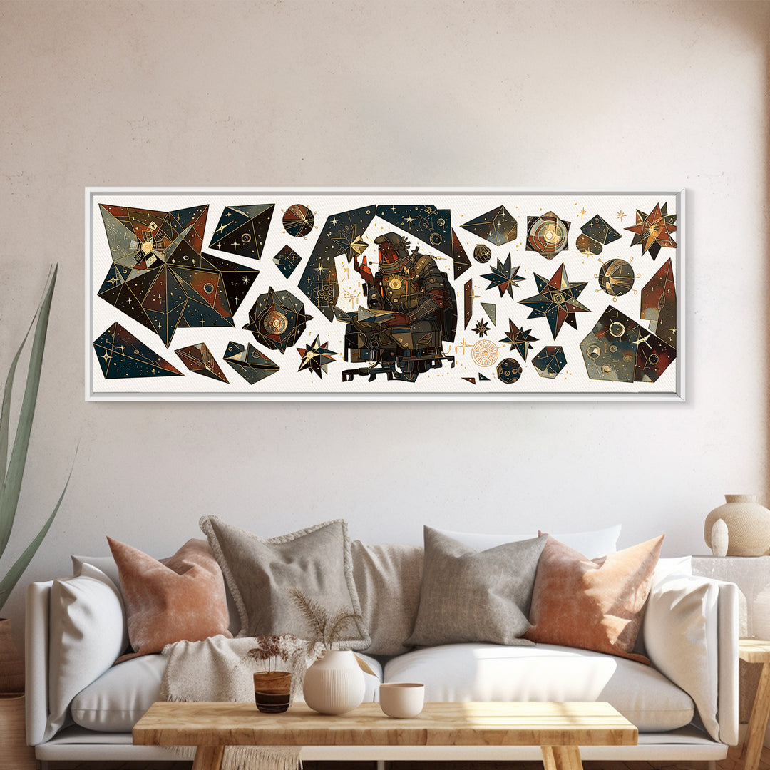 Celestial African Scholar Wall Art, Geometric Stars And Astronomy Decor, Afrocentric Canvas Print For Office Or Study Room