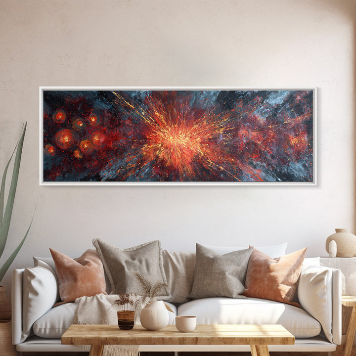 Exploding Nebula Canvas Print, Red Gold Galaxy Abstract Wall Art, Modern Space Decor, Large Statement Artwork For Living Room