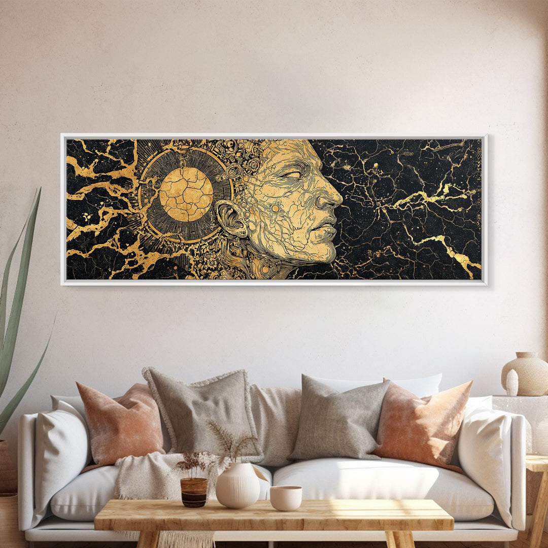 Golden Ancestral Profile Wall Art, African Portrait Linework, Black And Gold Cultural Canvas Print, Elegant Home Decor Gift