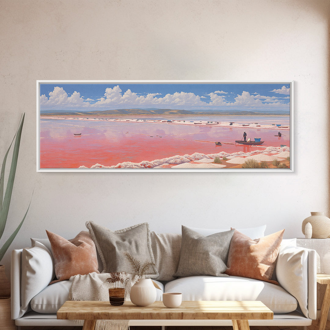 Pink Salt Lake Boats Wall Art, Pastel African Landscape, Coastal Travel Poster, Serene Canvas Decor For Living Room Gift