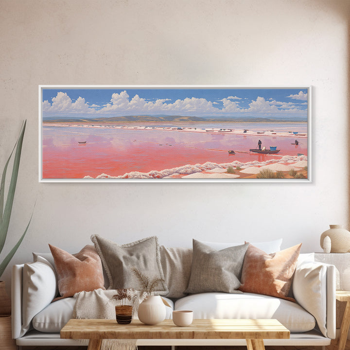 Pink Salt Lake Boats Wall Art, Pastel African Landscape, Coastal Travel Poster, Serene Canvas Decor For Living Room Gift