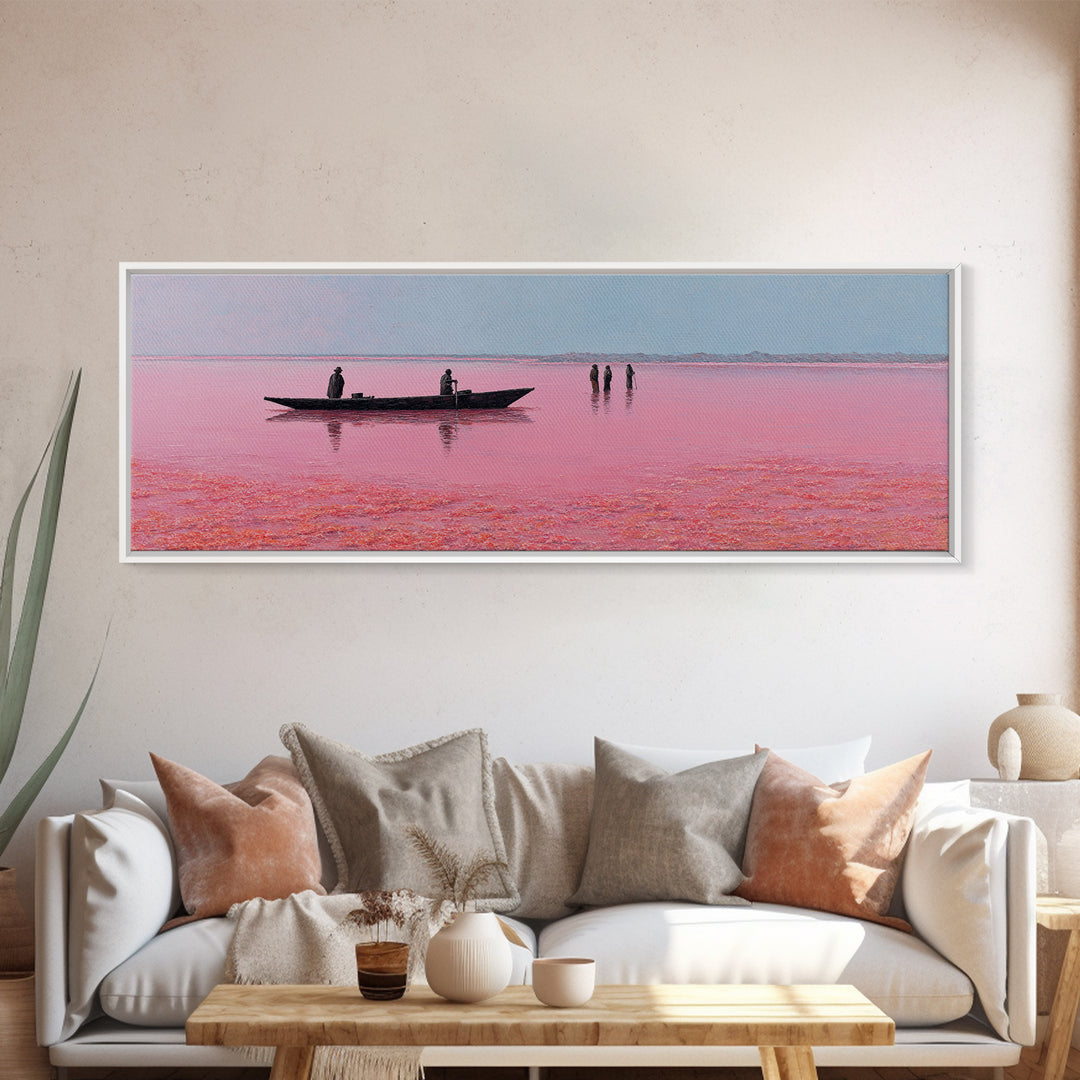 Minimal Pink Lake Boat Wall Art, African Seascape Print, Black Silhouette Decor, Calm Pastel Landscape For Bedroom Wall Decor