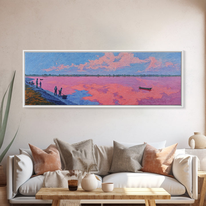 Pastel Pink Lake Sunset Canvas Print, African Landscape With Boat, Dreamy Wall Decor, Modern Coastal Art For Living Room
