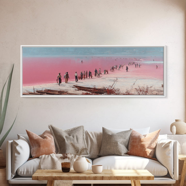 Pink Salt Flats Procession Wall Art, African Lake Landscape, Coastal Travel Poster, Pastel Canvas Decor For Living Room Gift