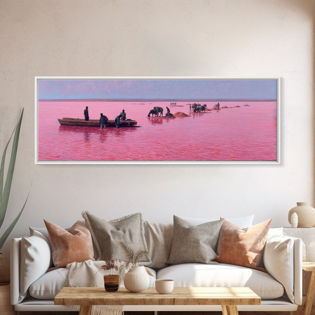Pink Lake Salt Harvest Canvas Print, African Boats And Cattle Landscape, Coastal Wall Decor, Unique Living Room Art Gift