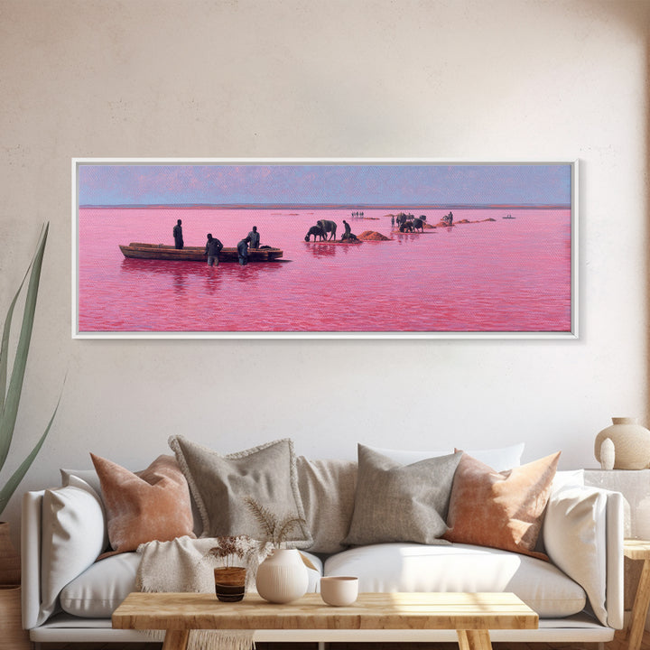Pink Lake Salt Harvest Canvas Print, African Boats And Cattle Landscape, Coastal Wall Decor, Unique Living Room Art Gift