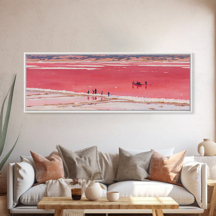 Red Pink Salt Lake Boat Wall Art, African Coastal Landscape, Minimal Travel Poster, Vibrant Canvas Style For Living Room Decor
