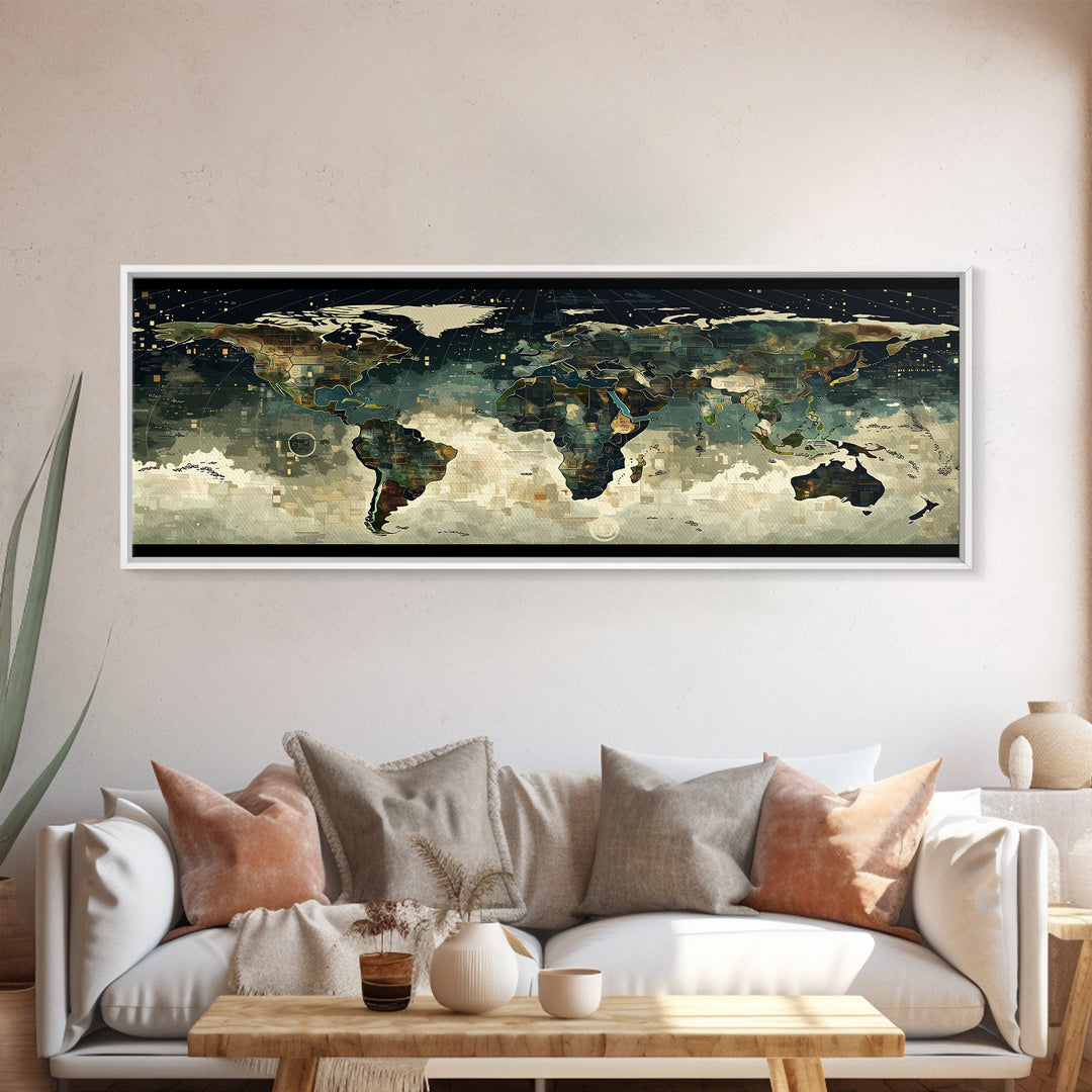 Abstract World Map Wall Art, Earth Tone Travel Decor, Modern Canvas Print Style, Office Geography Poster For Home Office Decor