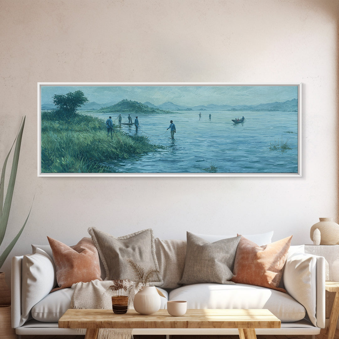 Blue Lakeside Village Landscape Wall Art, African Landscape Canvas Print, Serene Nature Scene, Living Room Decor Gift For Home