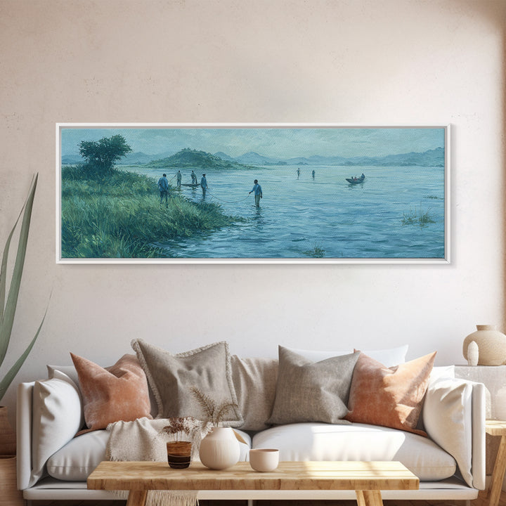 Blue Lakeside Village Landscape Wall Art, African Landscape Canvas Print, Serene Nature Scene, Living Room Decor Gift For Home