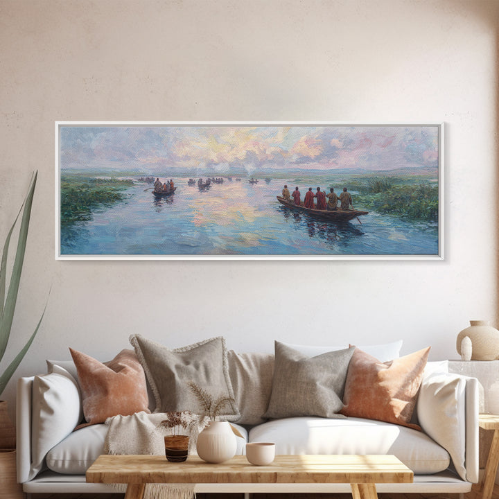 Pastel River Boats At Sunset Wall Art, African Landscape Canvas Print, Serene Safari Decor, Coastal Living Room Gift For Home