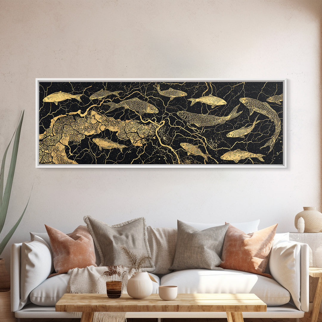 Gold Koi Fish And Cracked Map Wall Art, Black And Gold Canvas Print, African Inspired Decor, Luxury Statement Home Art Gift