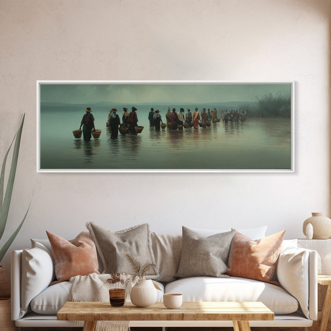 Misty African Fishermen Procession Wall Art, Panoramic Lake Landscape, Cultural African Decor, Serene Safari Home Decor Gift
