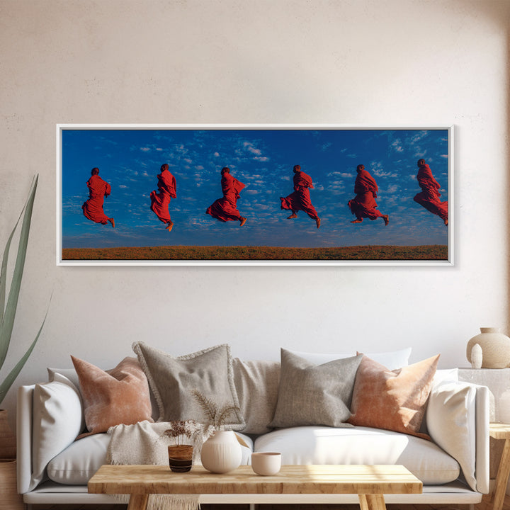 Floating Red Maasai Dancers Framed Canvas Print, African Wall Art, Tribal Safari Decor, Vibrant Cultural Living Room Art