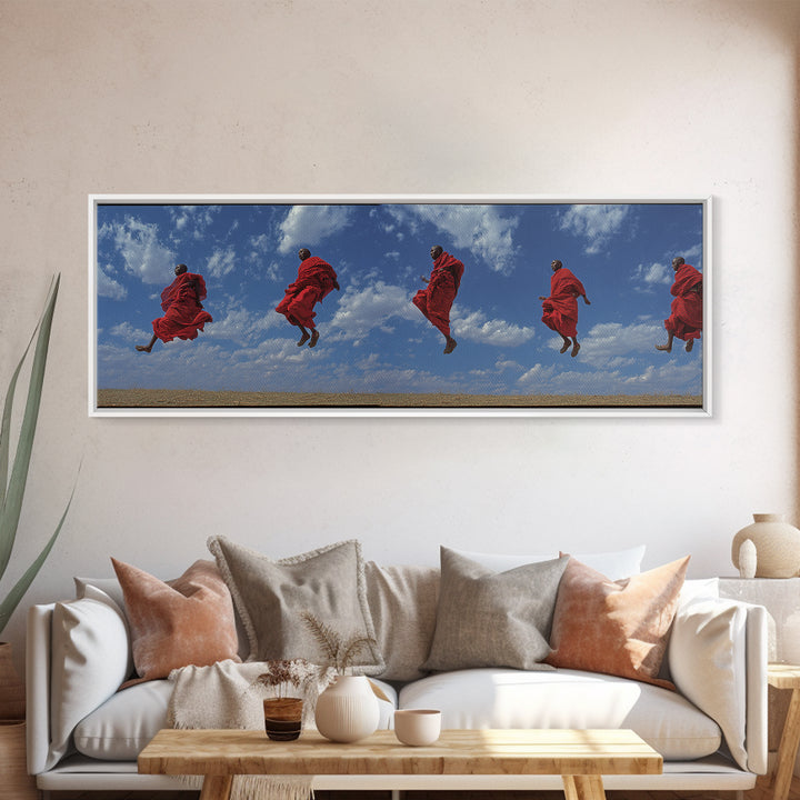 Airborne Maasai Dancers Under Clouds Canvas Print, African Wall Art, Red Tribal Safari Decor, Cultural Statement Gift For Home