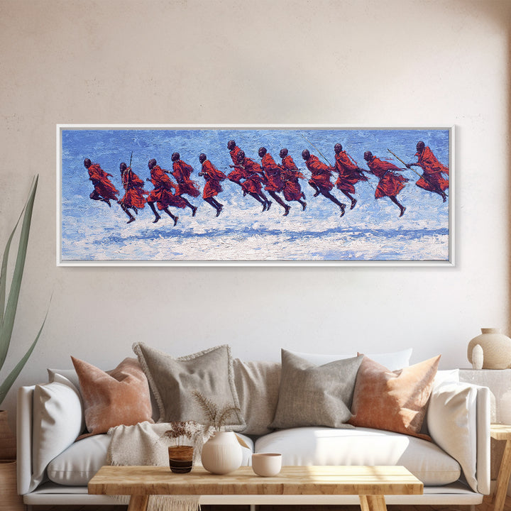 Blue Textured Maasai Warriors Running Wall Art, Abstract African Art, Tribal Safari Decor, Vibrant Panoramic Canvas Print