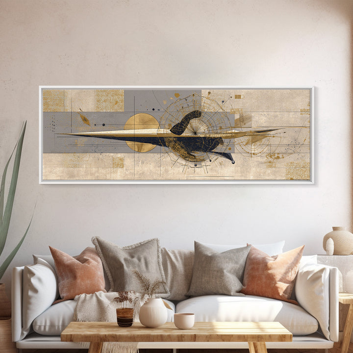 Elegant Abstract Black Bird Canvas Print, Gold Beige Modern Wall Art, African Inspired Decor, Luxury Contemporary Home Gift