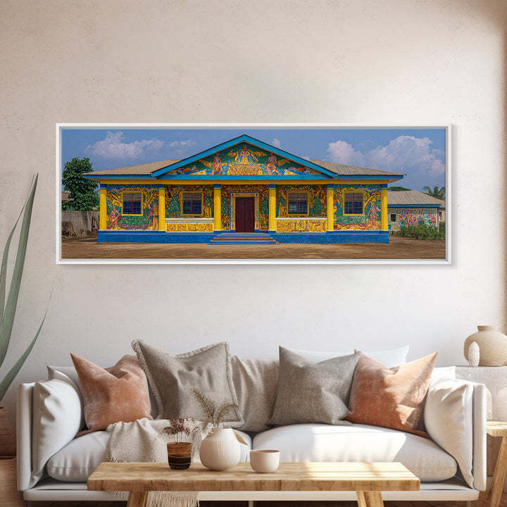 Painted African House Canvas Print, Bright Blue Yellow Facade, Folk Architecture Photography, Cultural Wall Decor Gift Print