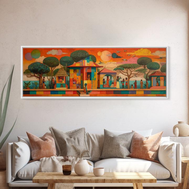 Modern African Village Framed Canvas Print, Sunset Trees And Colorful Homes, Afrocentric Landscape Decor, Cultural Wall Art