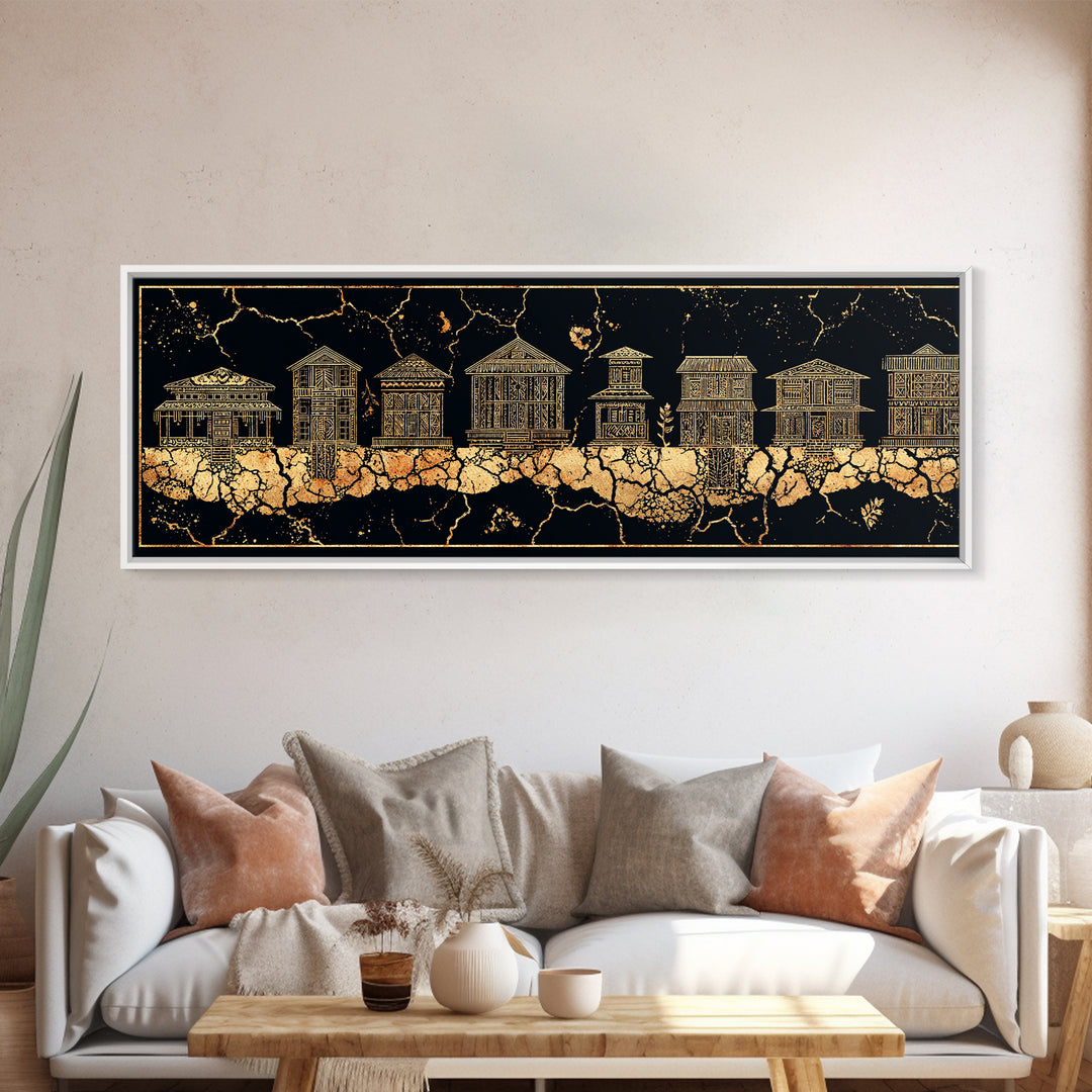 Gold African Village Wall Art, Black Crackle Line Houses, Tribal Architecture Print, Luxury Afrocentric Statement Decor Gift