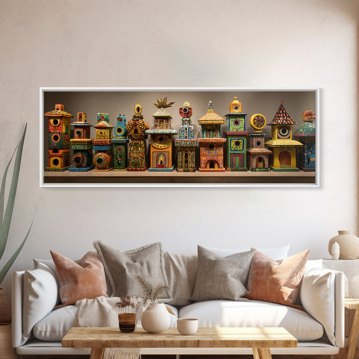 Whimsical Colorful Birdhouse Village Wall Art, African Inspired Canvas Print, Boho Home Decor, Playful Folk Architecture