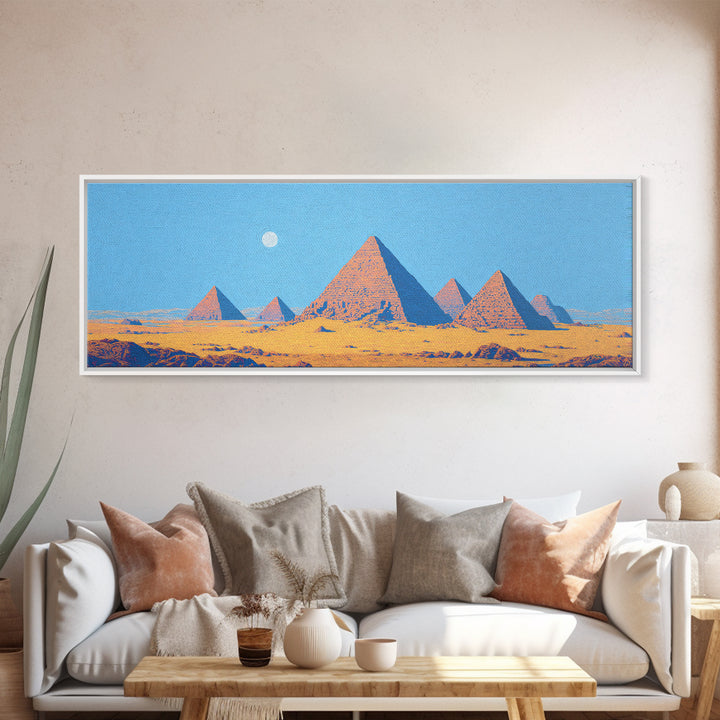 Blue Sky Egyptian Pyramids Moon Wall Art, African Landscape Canvas Print, Desert Travel Poster, Minimalist Cultural Decor
